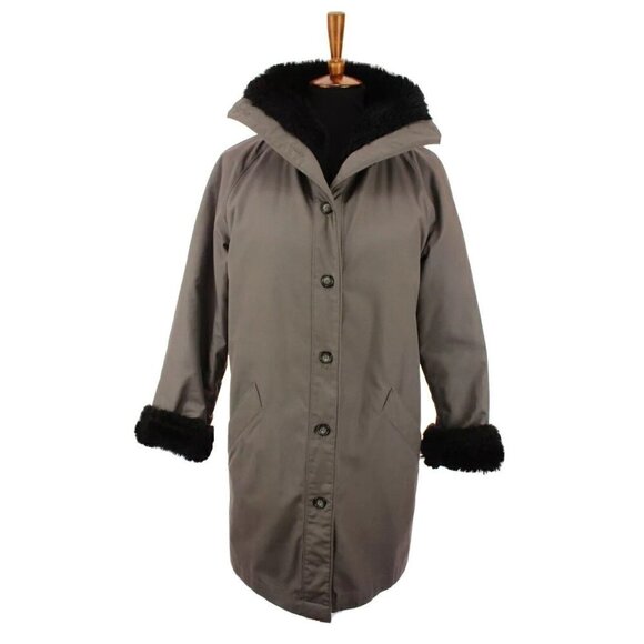 London Fog Womens Trench Coat Jacket Black Thick Faux Fur Lined Gray Sz 8 Reg - Picture 3 of 9